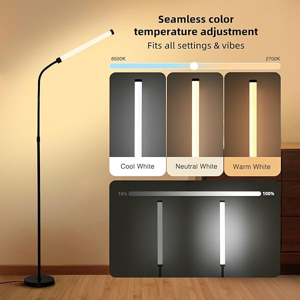 L SHY-U L FLOOR LAMP WITH ADJUSTABLE HEIGHT & FLEXIBLE ARM, REMOTE & FOOT SWITCH, SLIM DESIGN & EVEN LIGHTING FOR LIVING ROOM, BEDROOM, OFFICE – STEPLESS ADJUSTABLE COLOR AND BRIGHTNESS