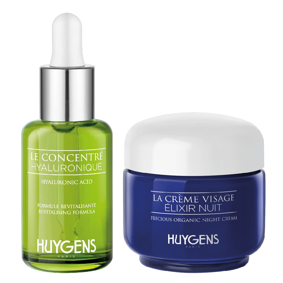 HUYGENS - Morning & Evening Duo - Certified Organic - Hyluronic Acid Concentrate 30ml + Elixir Night Cream 50ml - 100% natural - Vegan - Made in France