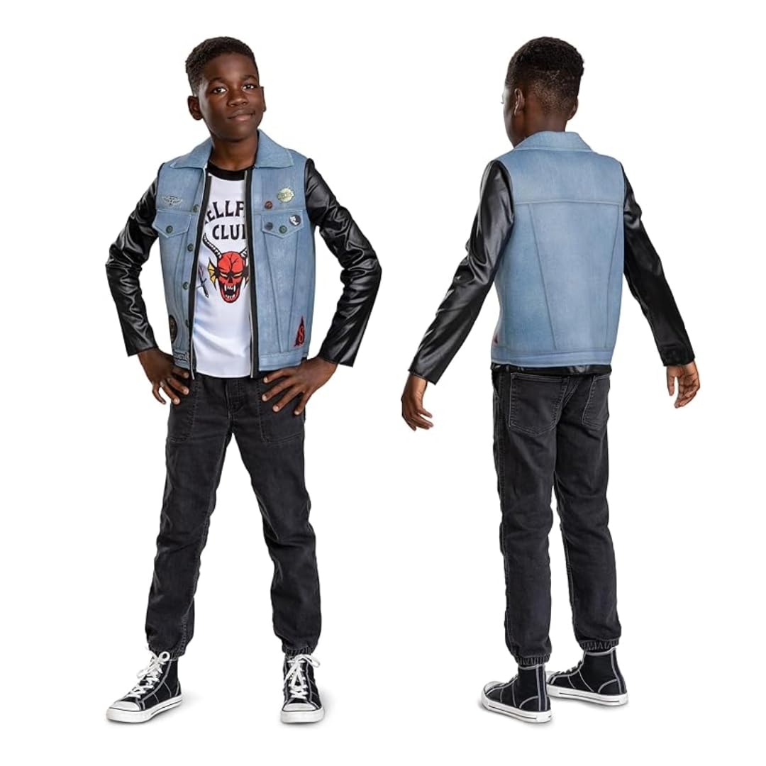 Stranger Things Eddie Fancy Dress for Kids and Teens, Officially Licensed by Disguise, Features Iconic Hellfire Club T-Shirt and Denim Jacket with Leather Sleeves, for Ages 7-8, 10-12 & 14-16 years