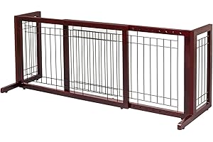 Bonnlo Free Standing Dog Gate, 37" - 68" Wide Pet Gate for Fireplace Stairs Doorways, Wooden Adjustable Pet Fence Indoor, Christmas Tree Gate (Cherry)