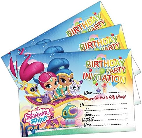 Invitations 20 x Shimmer and Shine Invites | Girls Kids Birthday Party Invites Cards | Girls Boys Children Party Cards | with C6 Envelopes Option | With Thank You Cards Option (With Envelopes)