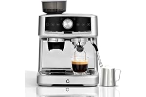 Garvee 20 Bar Pressure Stainless Steel Espresso Machine with Grinder, 1.5L Removable Water Tank, Milk Frother Steam Wand for Latte/Cappuccino - Adjustable Shot Volume, Professional Home/Office Use