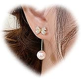Eviarli Boho Pearl Drop Jacket Earrings Crystal Bow Earrings Pearl Dangle Earrings Vintage Pearl Bead Earrings Bow Pearl Earrings Jewelry for Women and Teen