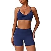 QBGJTD Women Two Piece Workout Sets Support Ruched Cross Back Sports Bras Matching Booty Lifting Shorts Gym Yoga Outfits