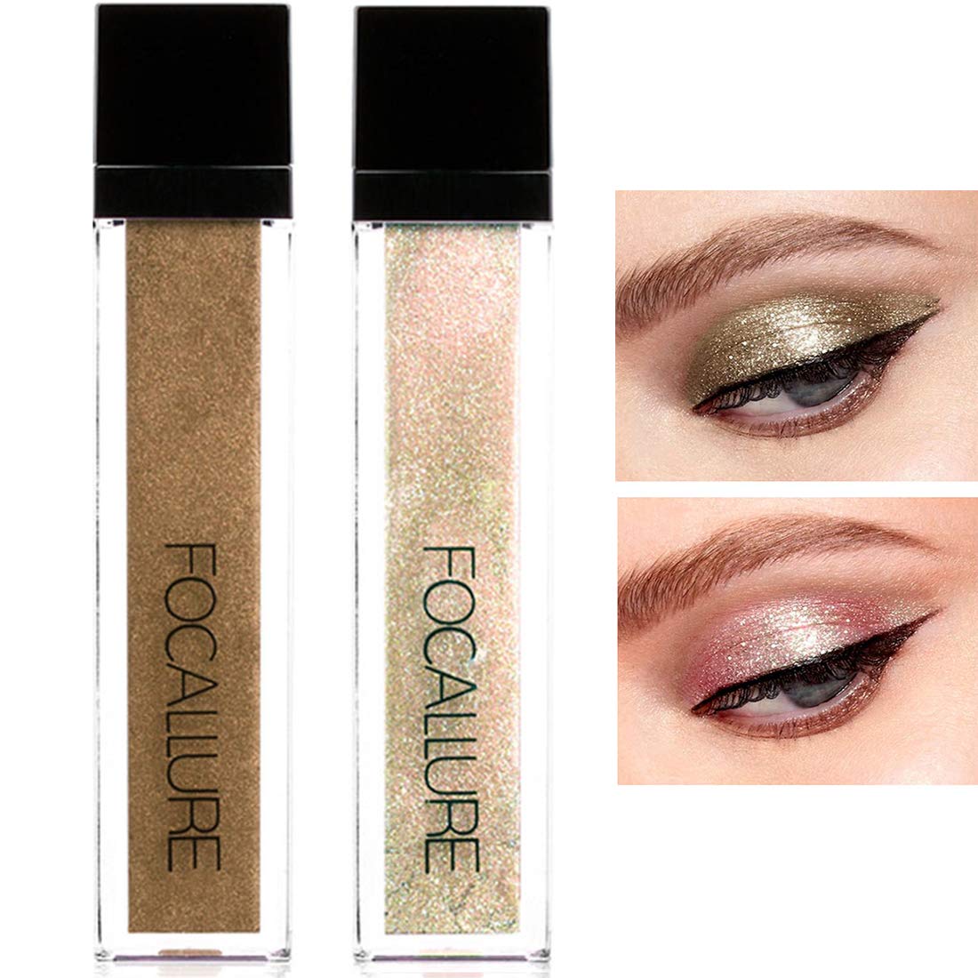 FOCALLURE 2 Pack Glitter Liquid Eyeshadow Lasting Waterproof Shimmer Metals Eye Shadow Smooth Sparkling Daily Makeup Kit (Z1)