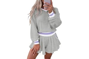 Fisoew Womens 2 Piece Outfits Lounge Sets V Neck Long Sleeve Oversized Sweatshirts Loose Shorts Fall Casual Sweatsuit