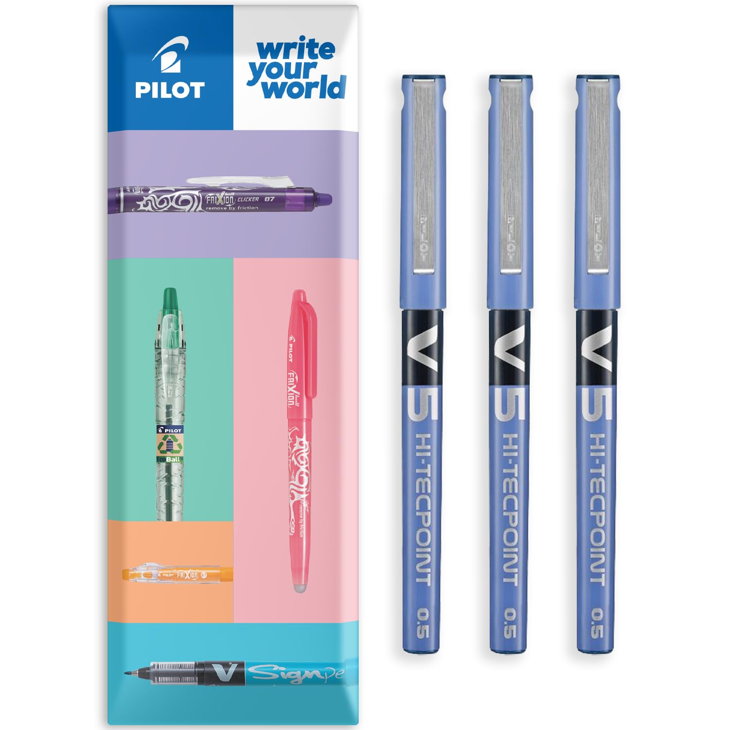PILOT V5 Hi-Tecpoint Rollerball Pen - Fine 0.5mm Nib - In Envelope Gift Packaging - Pack of 3 (Blue)