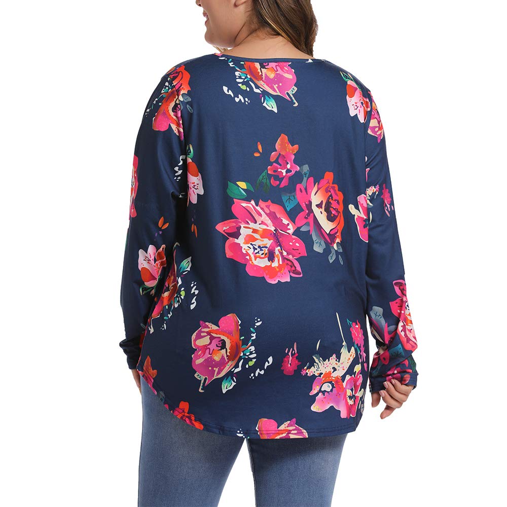 caidyny Womens Plus-Size Criss-Cross-Floral Tops, Causal Long Sleeve Sexy V-Neck Tunic Shirts Navy Blue