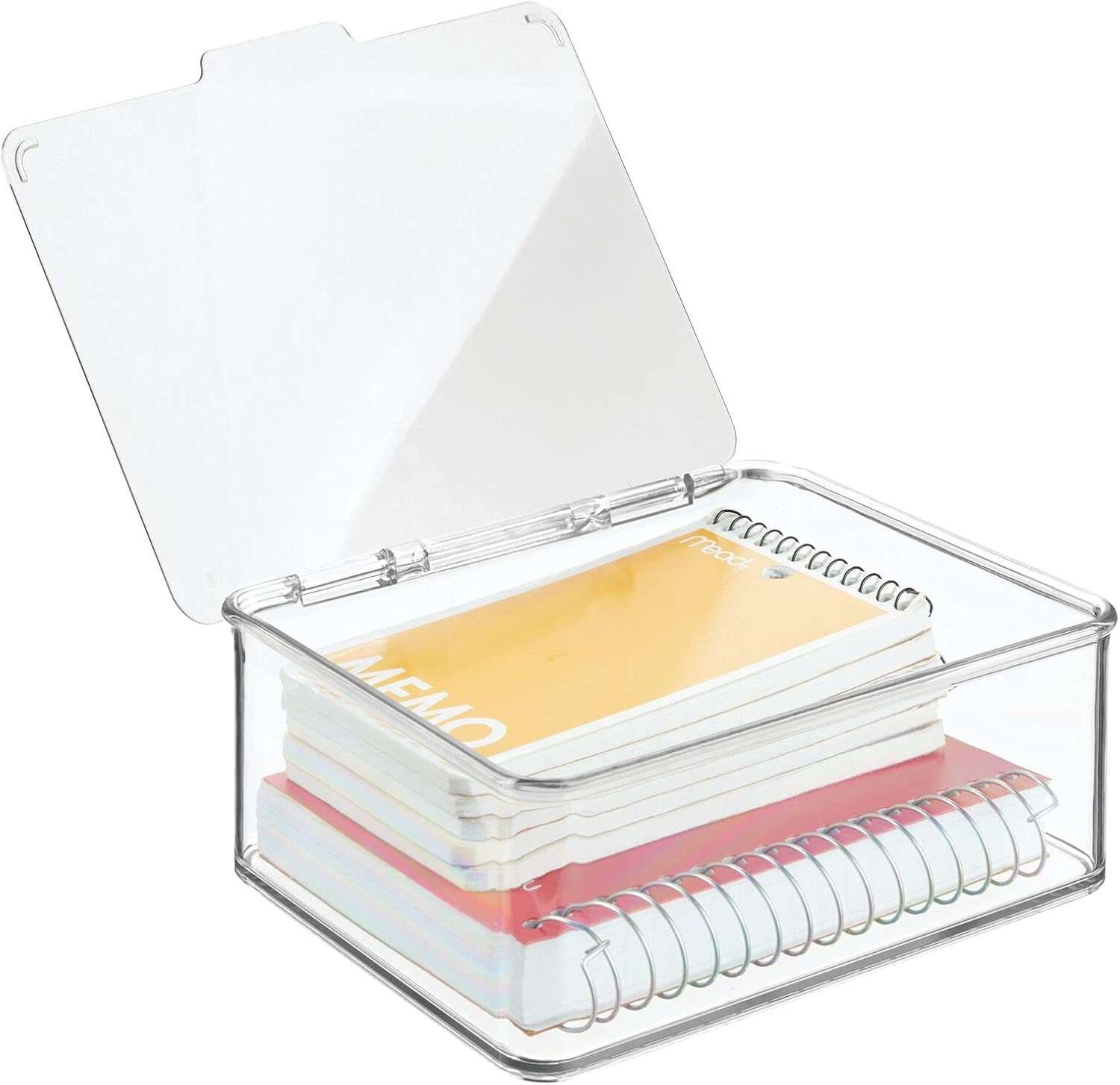 mDesign Small Mini Plastic Stackable Home, Office Supplies Storage Organizer Box with Attached Hinged Lid - Holder Bin for Note Pads, Gel Pens, Staples, Dry Erase Markers, Tape - 4 Pack - Clear : Office Products