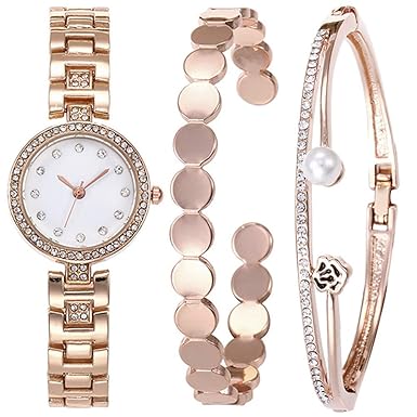Xuminiage Damen- und Mädchen-Armbanduhr, rund, Nicht Skala, analog, Quarzuhrwerk, Schmuckset, Roségold