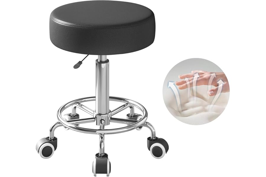 Rolling Stool, Heavy Weight Capacity 250lb, PU Leather Rolling stools, Ultra Soft Padded Seat, Rolling Stools with Wheels and Footrest, 360° Swivel, Spa Drawing Salon Work Office Tattoo Stool (black)