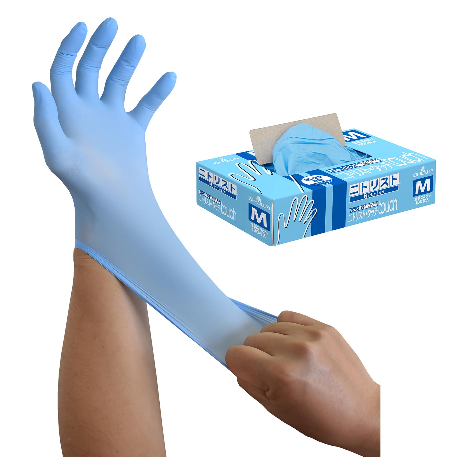 ショーワグローブ(Showaglove) 【ニトリル手袋・使いきり手袋】No.882 ニトリスト・タッチ 100枚入 ブルー Mサイズ 1函 左右兼用 食品衛生法適合 パウダーフリー ラテックスフリー商品画像