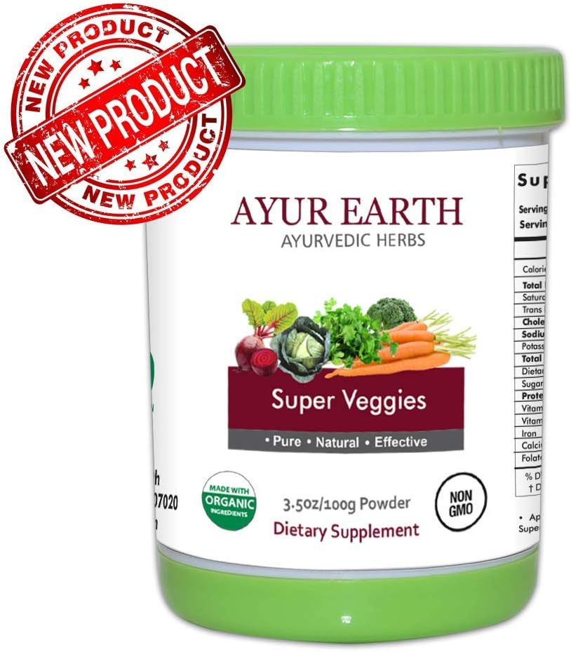 Super Veggies - Organic Whole Food Superfood Blend - Ayurvedic Vegetable & Herbal Superfoods Powder - Gluten & GMO Free, Vegan - Daily Nutrient, Fiber, Dietary Supplement - 28 Day Supply (100 Grams)