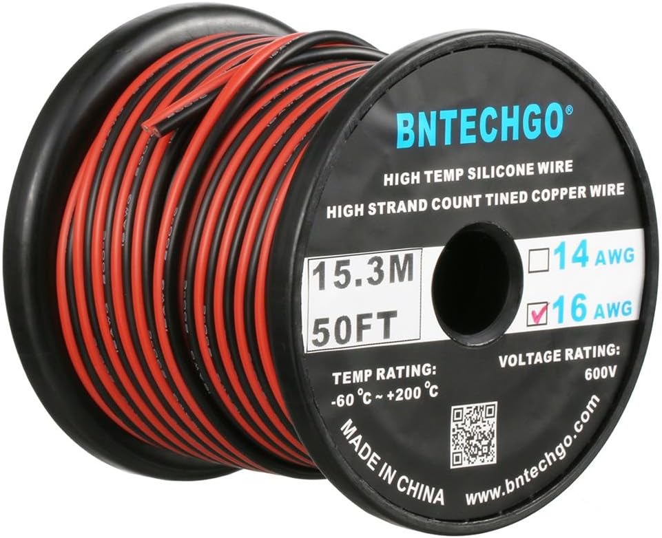 BNTECHGO 16 Gauge Flexible 2 Conductor Parallel Silicone Wire Spool Red Black High Resistant 200 deg C 600V for Single Color LED Strip Extension Cable Cord,model,50ft Stranded Tinned Copper Wire