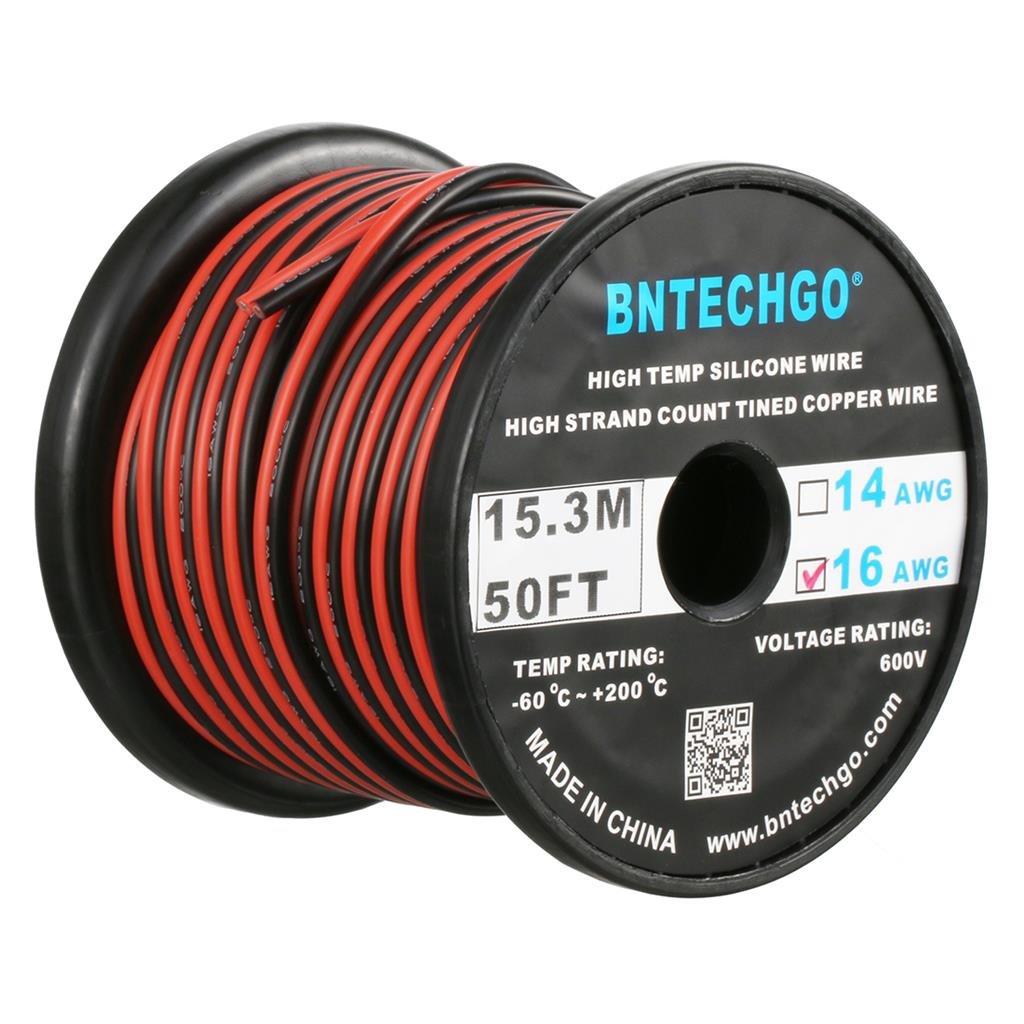 BNTECHGO 16 Gauge Flexible 2 Conductor Parallel Silicone Wire Spool Red Black High Resistant 200 deg C 600V for Single Color LED Strip Extension Cable Cord,model,50ft Stranded Tinned Copper Wire