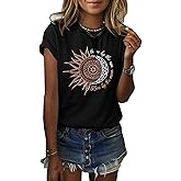 MaQiYa Womens Graphic Tees Summer Vintage Short Sleeve Cotton Moon and Sun Printed T Shirts Tops