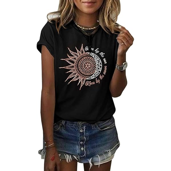 Cicy Bell Maglietta estiva da donna con stampa a sole e luna, scollo