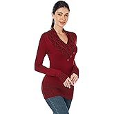 AmélieBoutik Women Crossover Cable Knit V Neck Long Sleeve Pullover Sweater