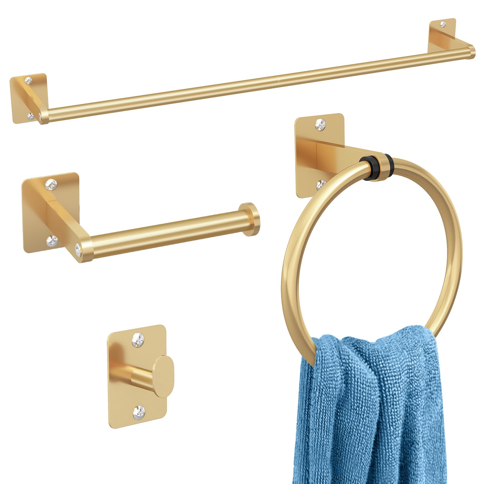 Photo 1 of Bathroom Accessories Set, KLJKPA 4 Pieces Gold Bathroom Hardware Set, 24 inch Towel Bar, Towel Racks for Bathroom, Robe Towel Hooks, Toilet Paper Holder Wall Mounted