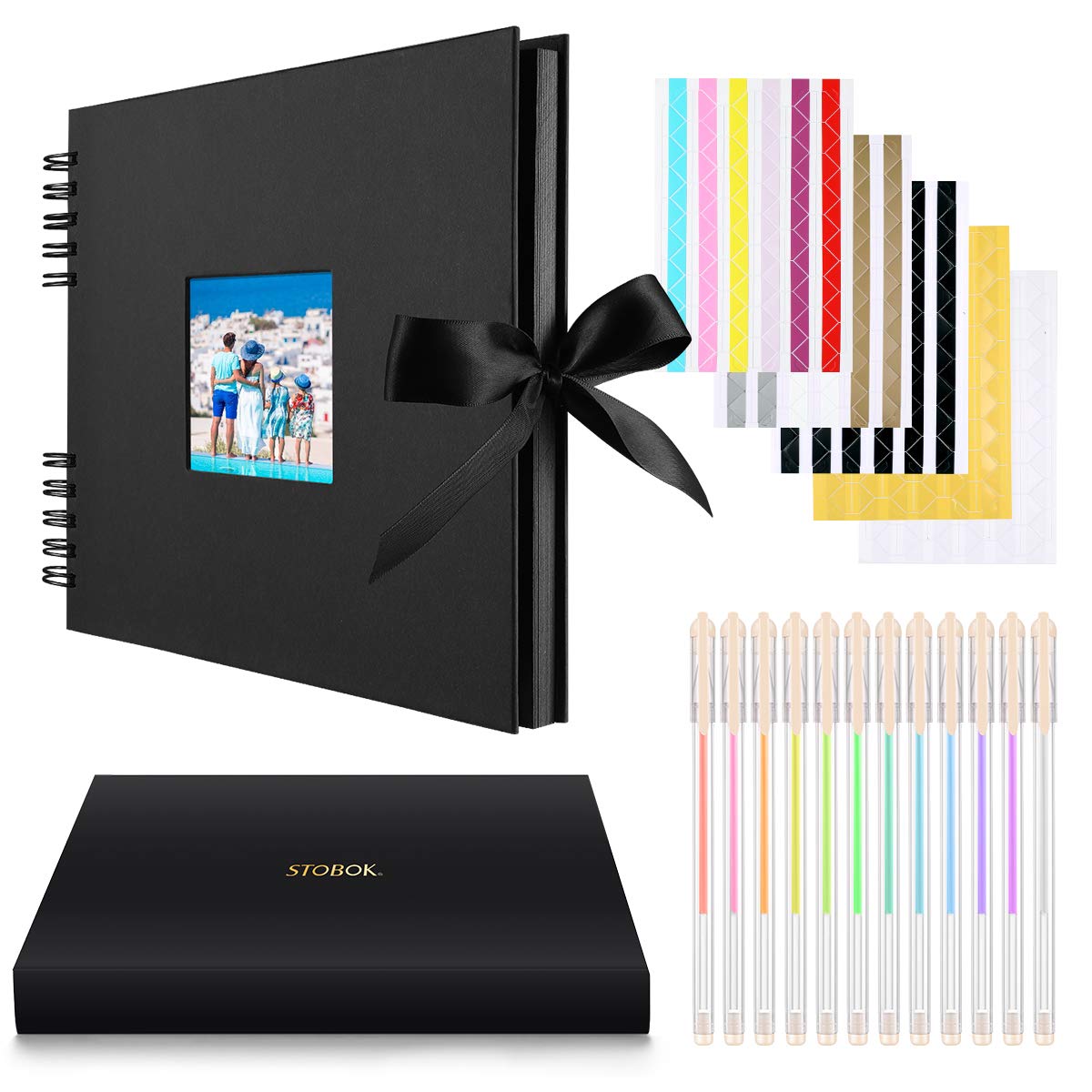 Scrapbook Photo Album | 80 Pages with Cover Photo Pocket,Silk Ribbon,Corner Stickers, 12PCS Pens,30 x 22cm DIY Photo Albums Craft Paper for Anniversary Wedding Travelling Birthday,Black