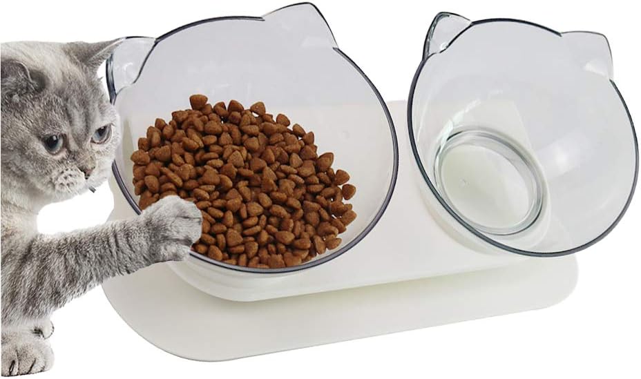 Brogtorl Double Cat Bowl 15°Tilted Platform Cat Feeders Food and Water