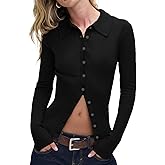 BAIGRAM Women Open Front Button Down Lapel Neck Ribbed Knit Polo Collar Y2K Cardigan Sweater Long Sleeve Fall Trendy Outfits