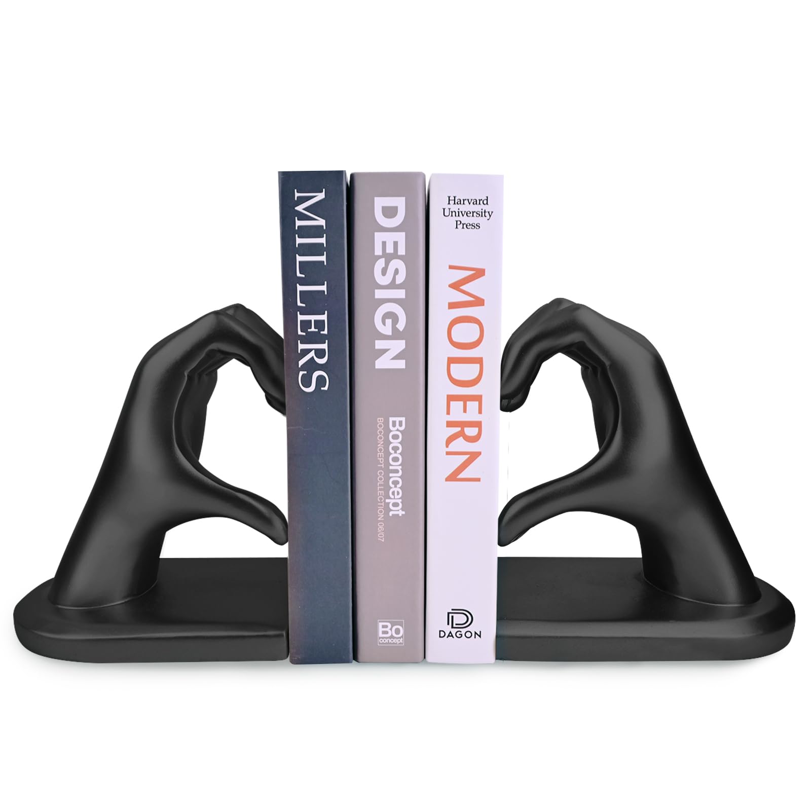 Black Gesture Decorative Bookends - Heart Hands Sculpture Bookend, Creative Book Stopper and Holder for Books - Perfect for Living Room, Home Decoration, and Office Shelf Dividers