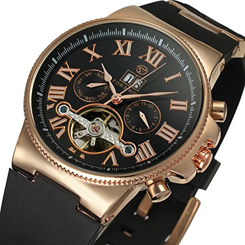 Gosasa Men's Day&Date Rose Gold Stainless Steel Tourbillon Automatic Watch with Black Rubber Band, Black Dial