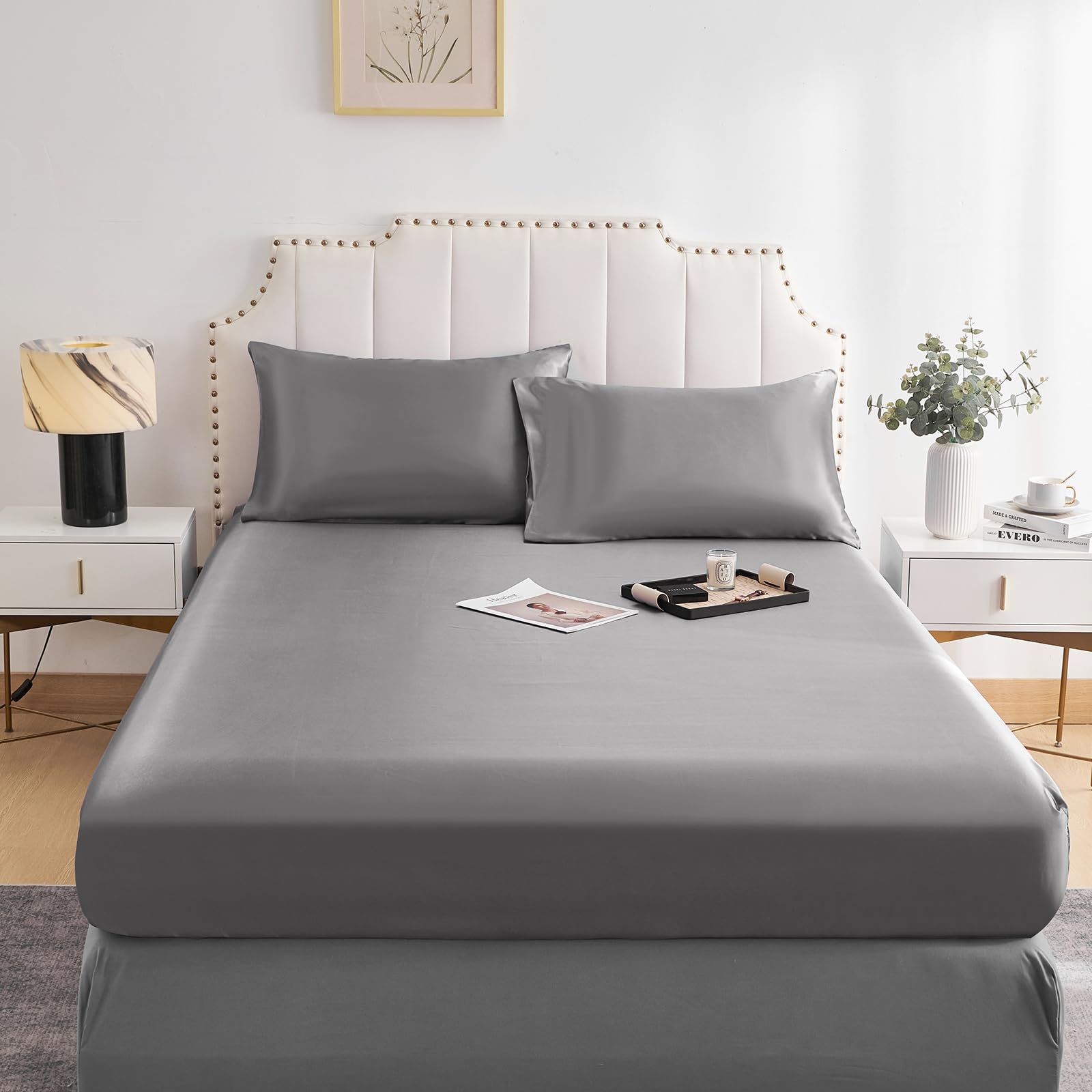 DuShow Satin Fitted Sheet,Silky Deep Pocket Satin Bed Sheets,Breathable Satin Sheets Double,Fitted Sheet Only(Dark Grey,Double) — image 1