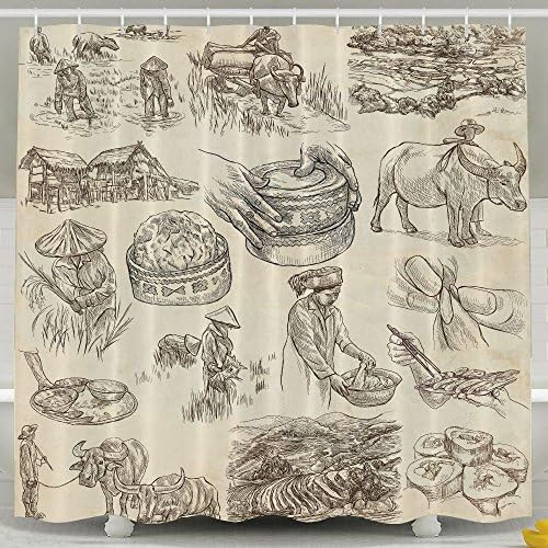 XsWu Rice Rice Crop Life In Agriculture Collection Of An Hand Drawing Illustrations Line Art Shower Curtain Bath Curtain With Hooks 60x72"