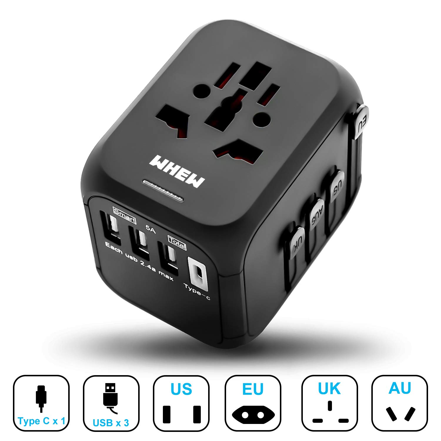 Universal International Travel Adapter with Auto-Reset Fuse, Whew All-in-One Worldwide Power Adapter Travel Plug Adapter, 5A USB Output, 1 Type C, 3 USB for US, UK, EU, AU, 170+ Countries (Black)