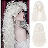 Tseses White Long Curly Wigs for Women Middle Part with Bangs Natural Synthetic Princess Hair Wig for Halloween Cosplay