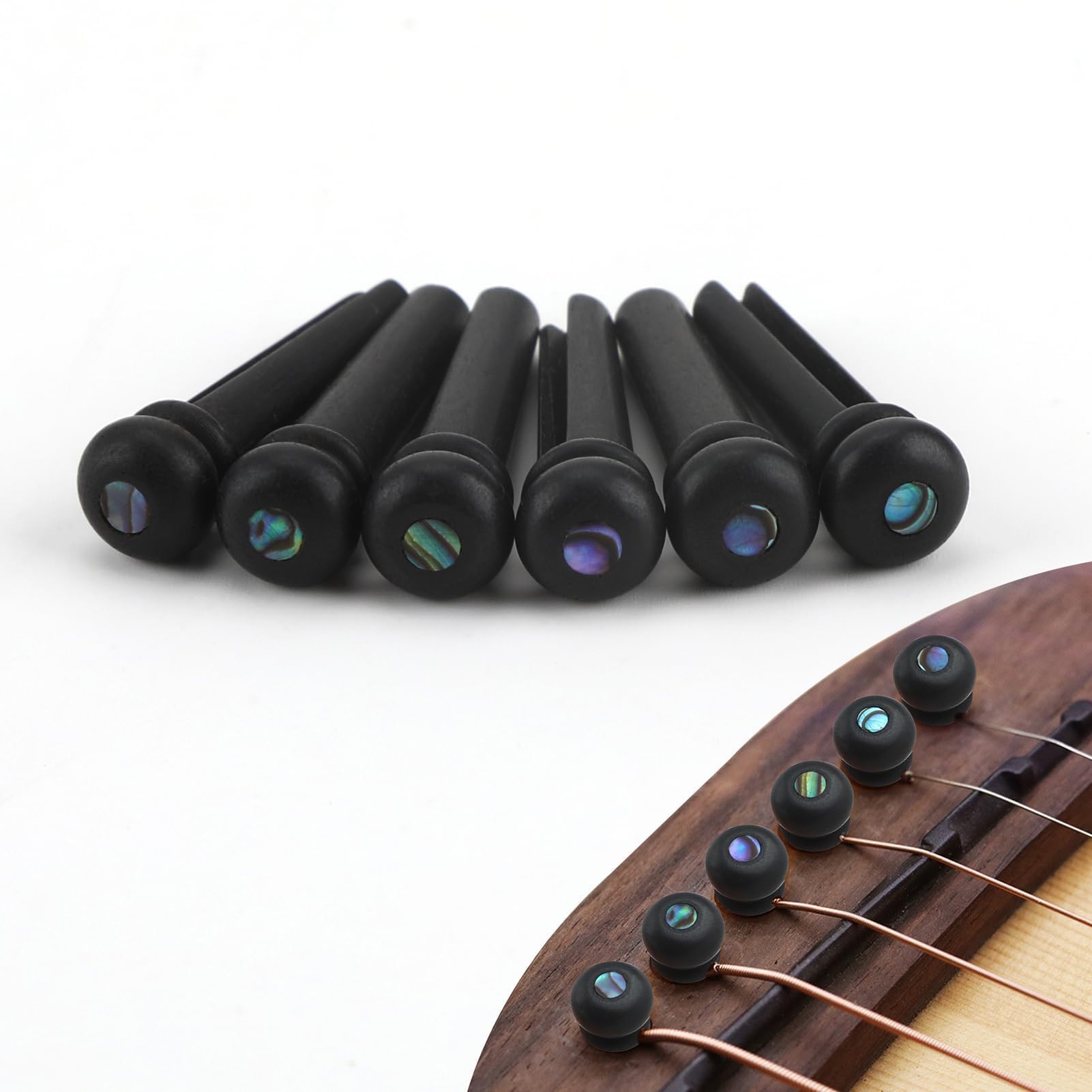Guitar String End Ebony Bridge Pins Slotted Pure Ebony Acoustic Guitar String Tuning Pegs Replacement Set with Abalone Dot Black Ebony Wood Shell Inlays High Quality 1 Set 6Pcs