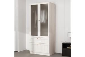 Hitow Wardrobe Cabinet with Frosted Glass Doors, Wooden Armoire Closet with 2 Drawers & Hanging Rod, Bedroom Wardrobe Armoire Closet for Storage Organize, Wood Grain (31.5" W x 19.9" D x 70.9" H)
