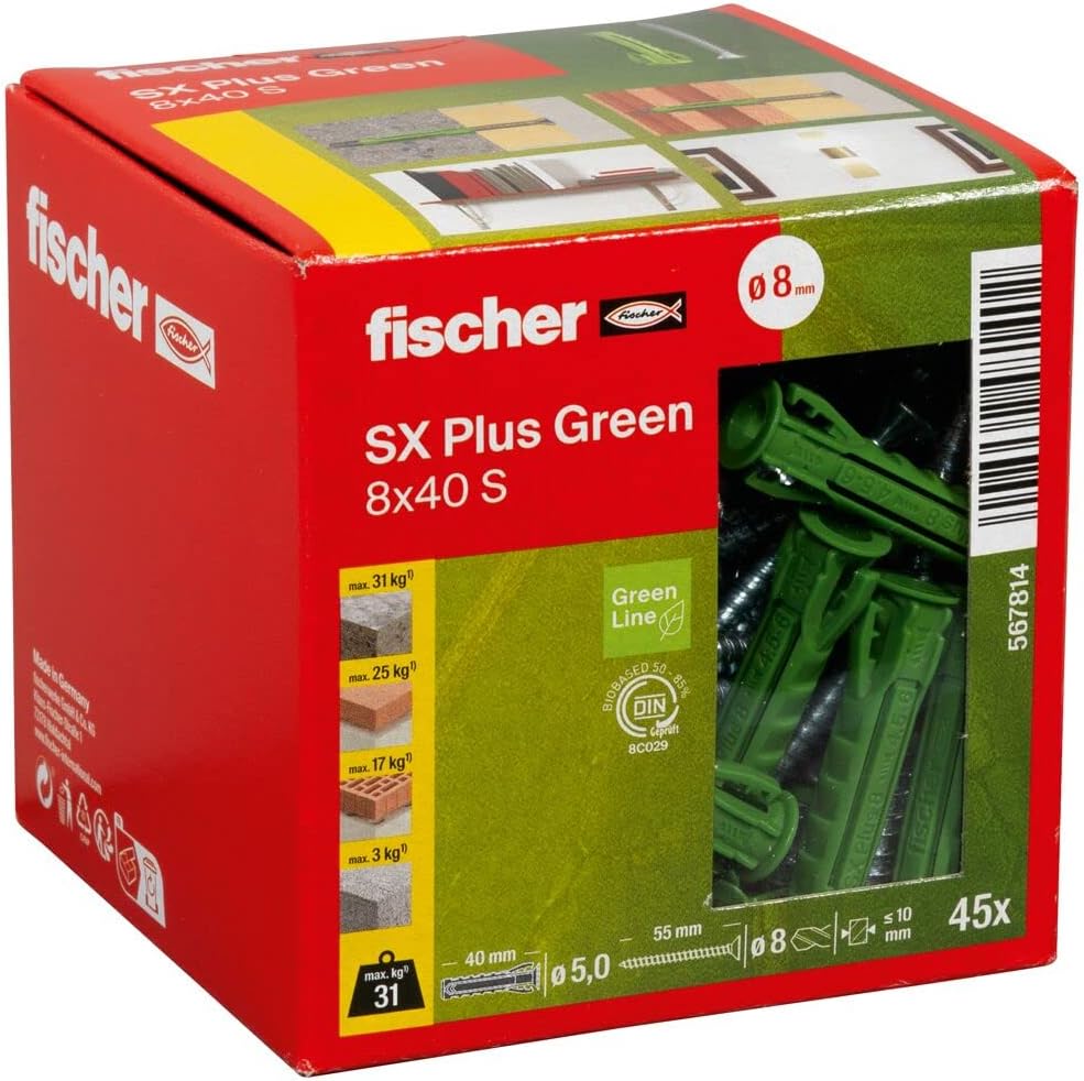 Fischer SX Plus Green Expansion Dowels 8 x 40 Box 45 with Screws