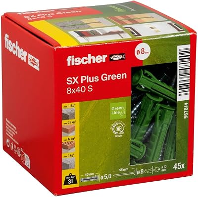 Fischer SX Plus Green Expansion Dowels 8 x 40 Box 45 with Screws