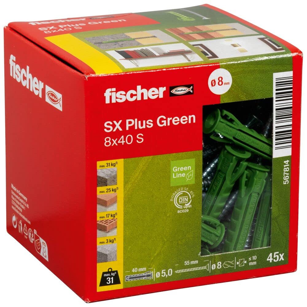 fischer Expansion dowels SX Plus Green 8 x 40 S, Box of 45 Sustainable dowels and Matching Screws, Optimal Hold in Concrete, Solid Brick, aerated Concrete, Perforated Bricks and Much More. โ image 1