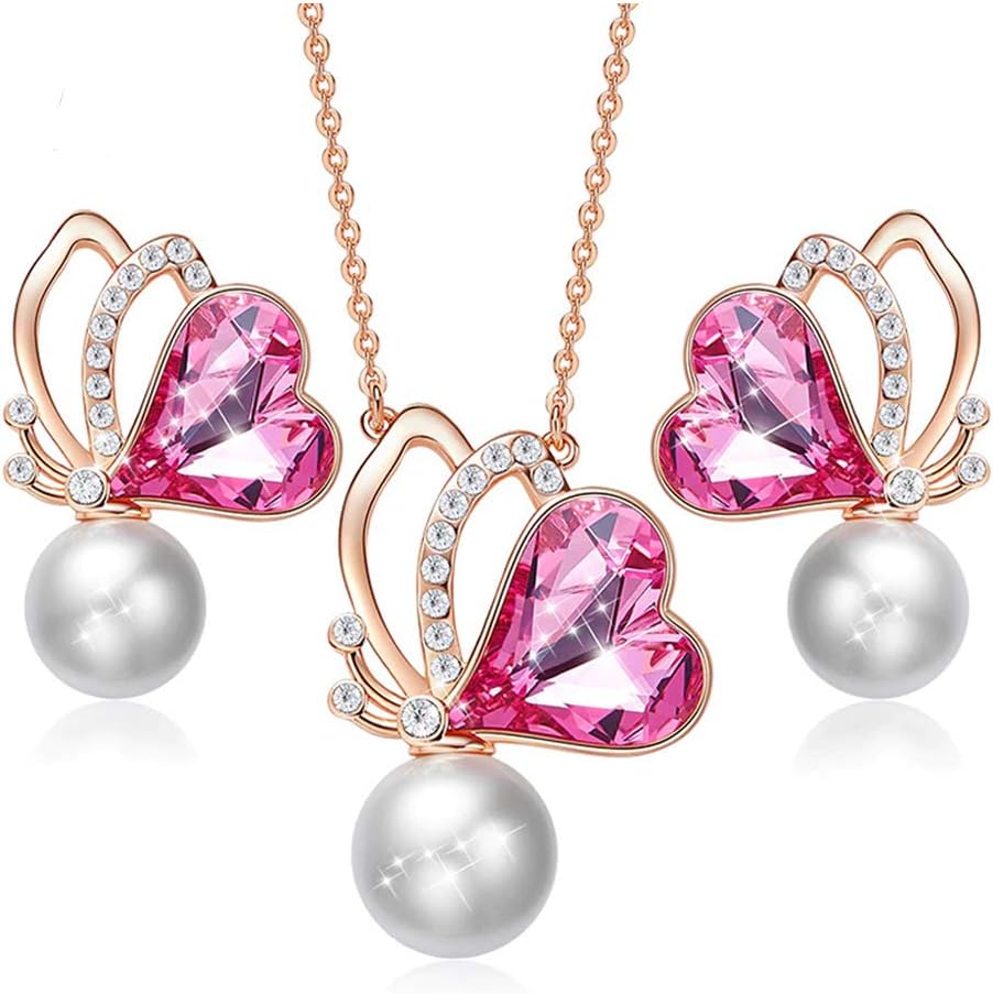 Crystals from Swarovski 18k Rose Gold Plated Butterfly with Pearl Pendant Necklace & Matching Earrings Jewellery Set for Women and Girls