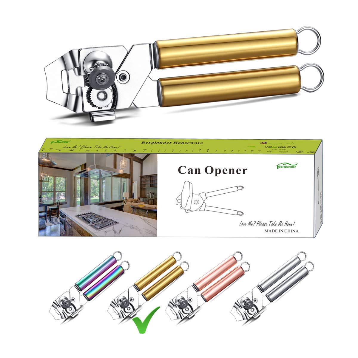 Berglander Can Opener, Stainless Steel Gold Handle Can Opener, Titainium Golden Plating Handle Hand Held, Smooth Edge Manual, Heavy Duty (Gold)