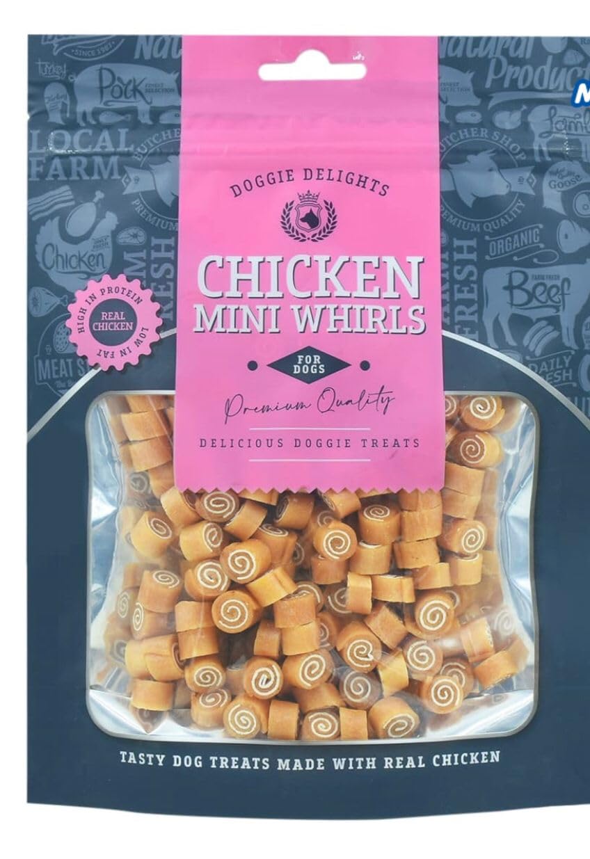 3x Doggie Delights Dog Treats For Dogs Premiam Quality Delicious Doggie Healthy Treats High In Protein Low in Fat Real (3x Mini Chicken Whirls 125g)