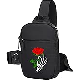 FOECBIR Small Travel Mini Sling Bag For Men Women Waterproof For Mens, Crossbody Bag Men Sport Chest Bags For Travel Work (Skull Finger Rose, Small)