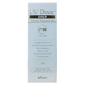 Brinton UV Doux GOLD Silicone Water Resistant and Non-Greasy Sunscreen Gel SPF 50 PA+++, Oil-Free, Sun Protection against UVA/UVB Rays, 50Gm