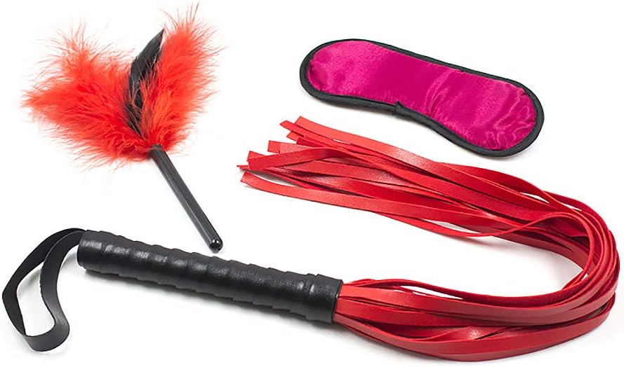 KIMMAO Red 3-Piece Suit Eye Patch Whip Feather Combination Toy(Rose red with Black Edge Eye +red Feather, Black Handle+red Beard)