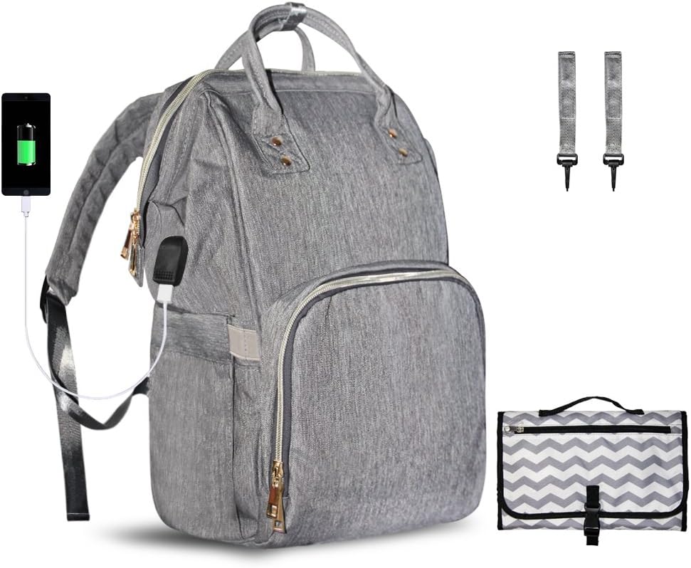 Nappy Backpack Diaper Bag TraPal Nappy Changing Set Anti-Theft/Water Resistant/with USB Charging Port Travel Backpack for Baby Care, Portable Changing Mat and Stroller Hooks Included