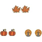 Pingyongchang 3 Pairs Thanksgiving Fall Wooden Stud Earrings Cute Autumn Turkey Pumpkin Maple Pine Nut Fox Earrings for Women Thanksgiving Day Jewelry Gift