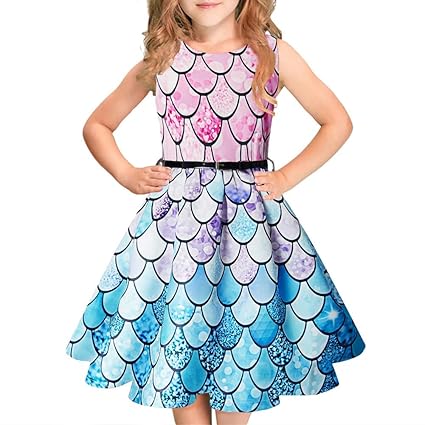 Idgreatim Mädchen Aermellos Vintage Kleid Rockabilly Blumendruck Swing Party Kleider