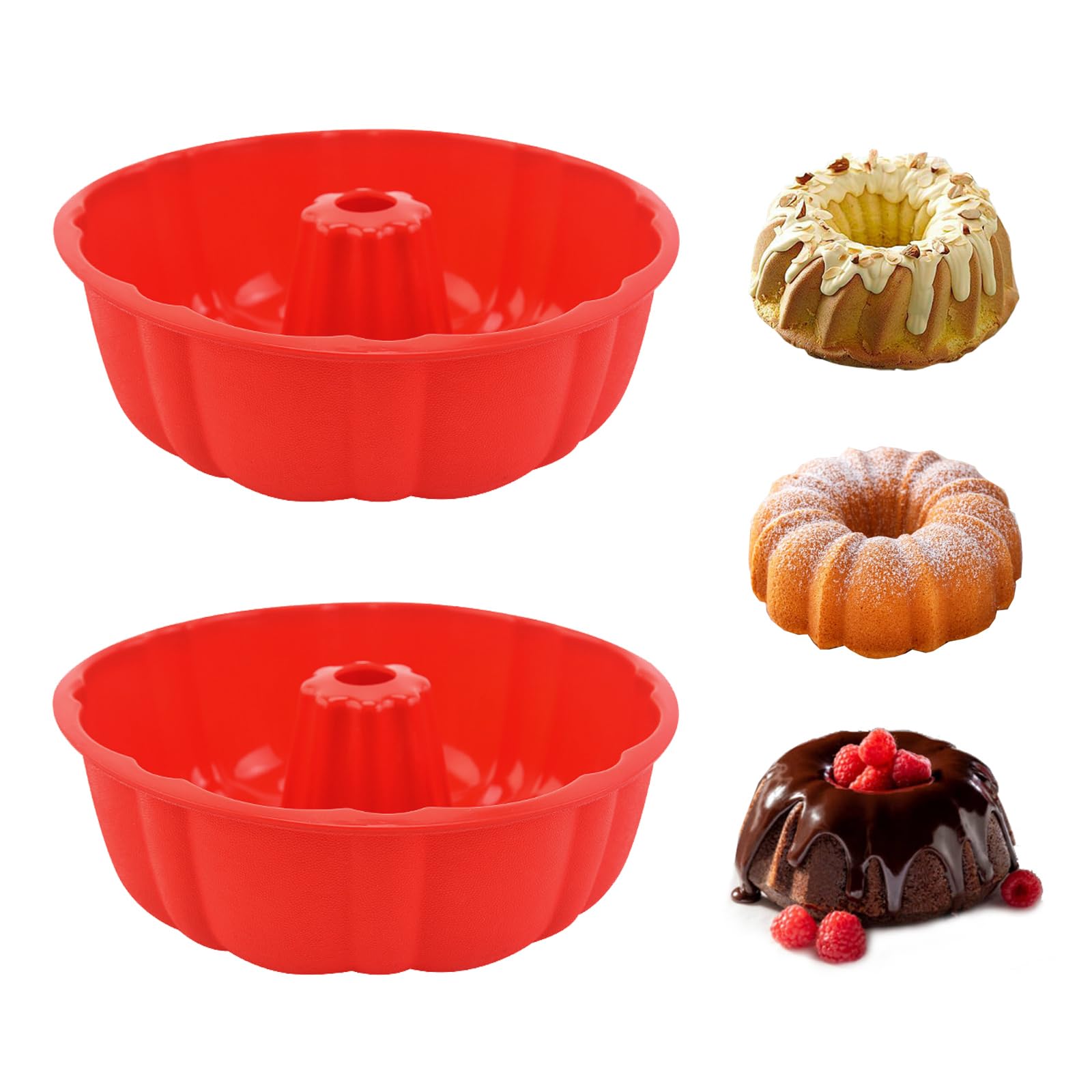 Photo 1 of 2 Pack Silicone Bundt Cake Pan Nonstick,10 Inch, Silicone Cake Molds,Pound Cake Pan, Baking for Jello,Gelatin,Cake,Brownie and Bread (Red+Red)