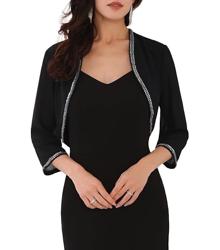 WOMLAYOUT Women Evening Beaded Sequin Bolero with Rhinestones Open Front