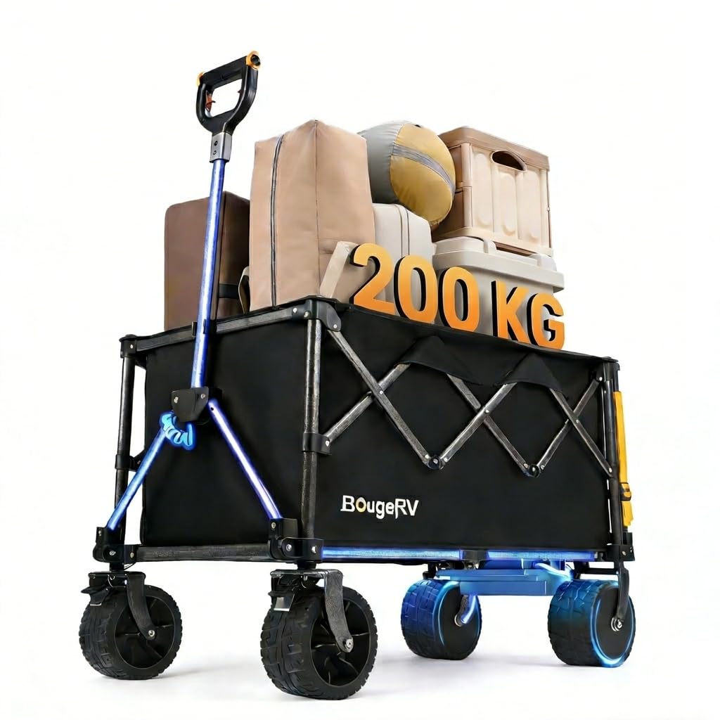 BougeRV Elektrischer Bollerwagen faltbar, 200 kg Belastbarkeit, Campingwagen mit Antrieb, 250W Doppelmotor & 250L Volumen, Offroad Elektro-Handwagen für Outdoor-Abenteuer & Garten (Ohne Ladegerät)