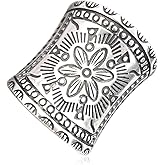 Handmade Wide Band Ring,Adjustable Retro Sterling Silver Mandala Boho Flower Full Finger Statement Bohemian Ethnic Gypsy Hippie Floral Ring for Women